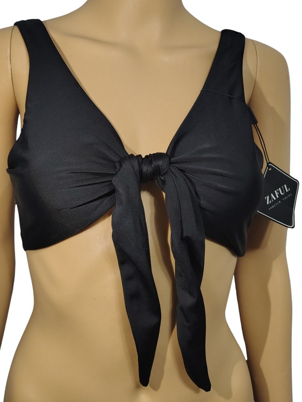 Black Bikini Tank Top Tie On Front Knot Lined Size Small New With Tags